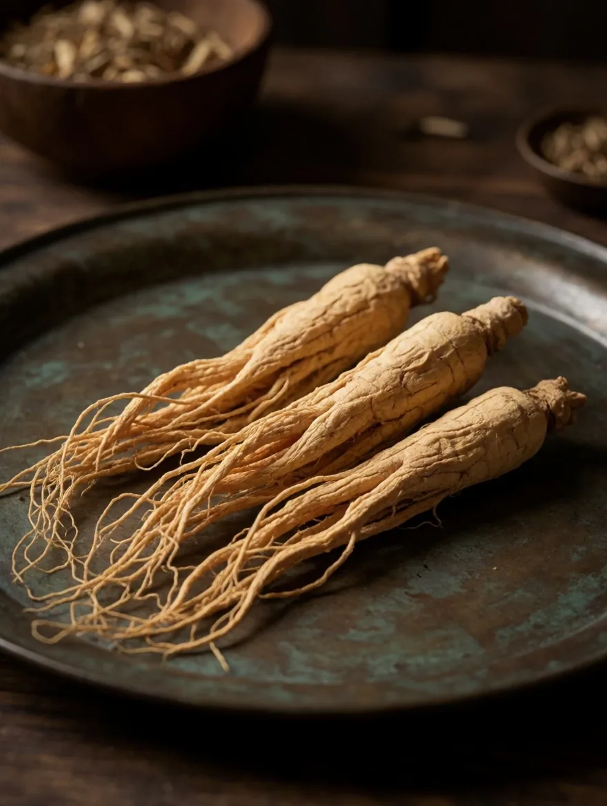 Dried maca root specimens on a warm zinc apothecary plate