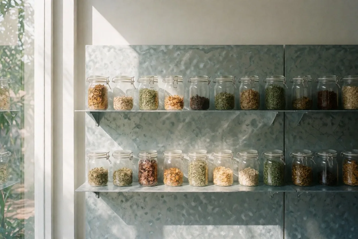 Apothecary botanical specimens under golden hour light