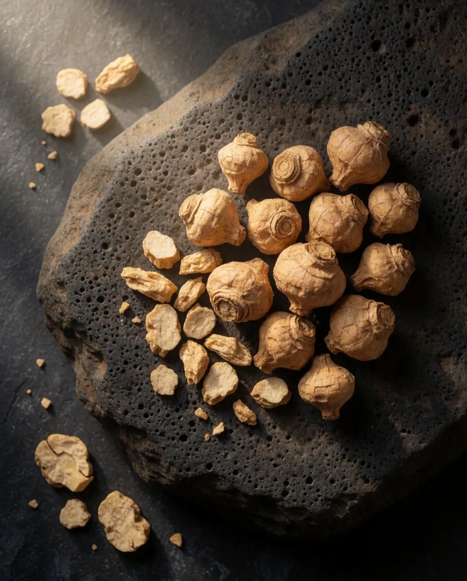 Maca root and ginseng specimens arranged on textured paper