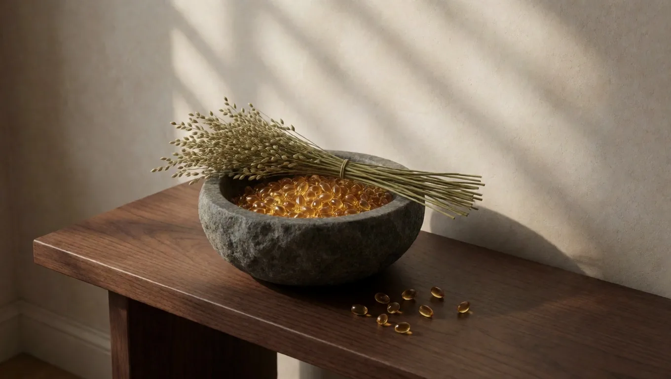 Flaxseeds and omega-3 oil specimens arranged as an apothecary plate