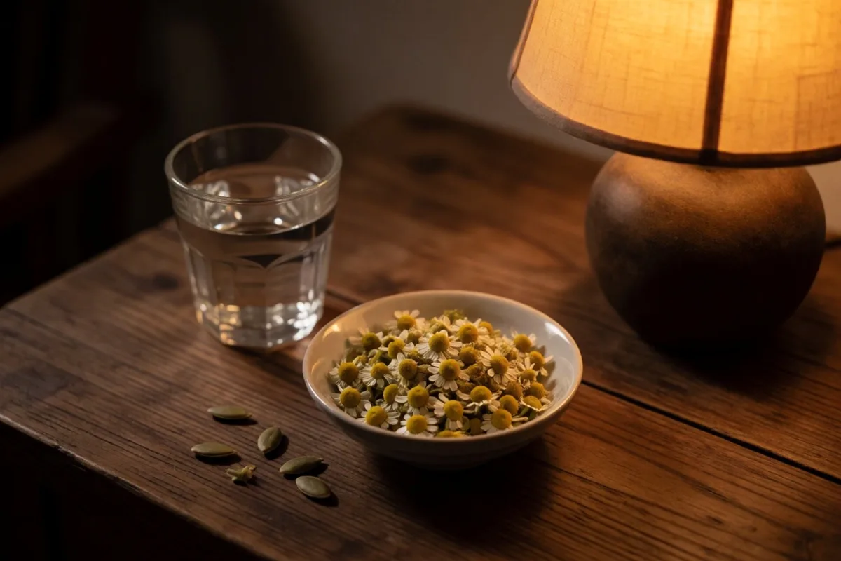 Valerian root, chamomile, and pumpkin seeds as natural nighttime recovery ingredients